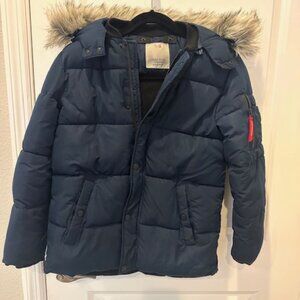 Zara boys navy puffer jacket with hood and fur 10yo / 140cm